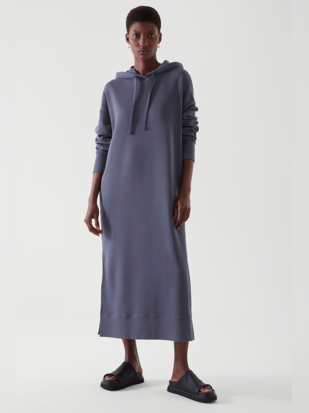 COS Slate Blue Relaxed Fit Long Sleeve Hooded Cotton Sweatshirt Maxi Dress S/M